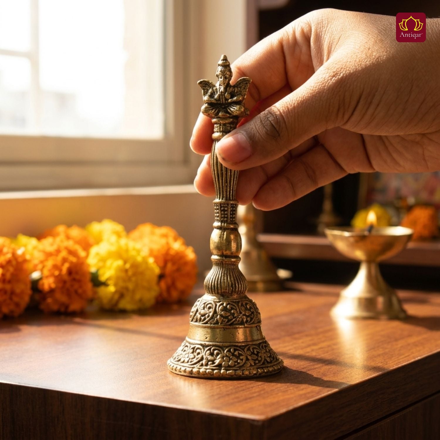 Brass Garud Ghanti - 12cm | Antique Finish | Spiritual Decor for Temple, Home & Table