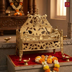 Brass Twin Peacock Embossed Design Laddu Gopal Singhasan – 19.5cm | Antique Golden Finish | Handcrafted Large Size Throne for Temple, Home & Festival Decor