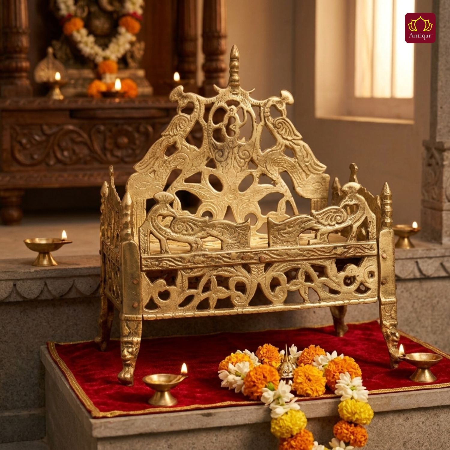 Brass Twin Peacock Embossed Design Laddu Gopal Singhasan – 19.5cm | Antique Golden Finish | Handcrafted Large Size Throne for Temple, Home & Festival Decor