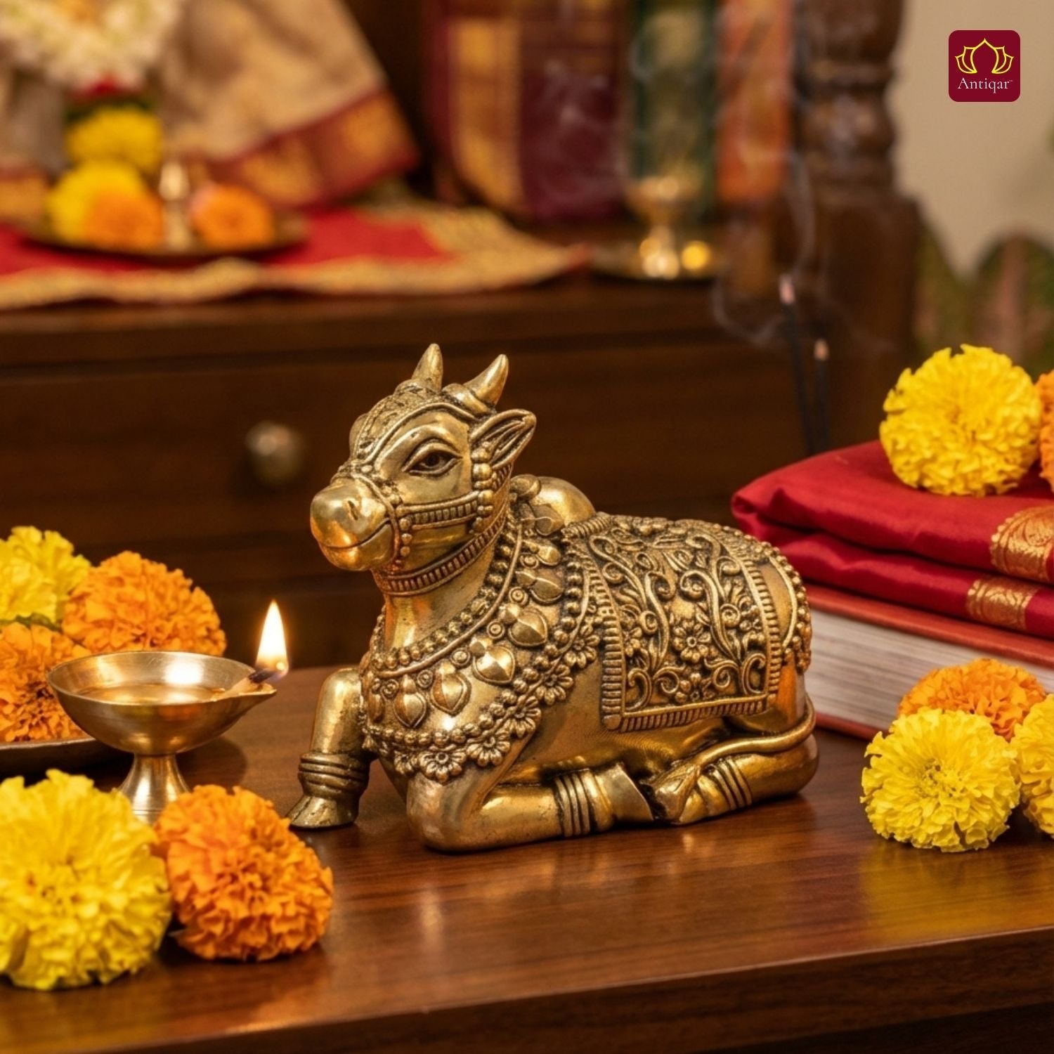Brass Nandi Figurine - 6cm | Antique Finish | Spritual use for Home, Temple & Car Dashboard Decor