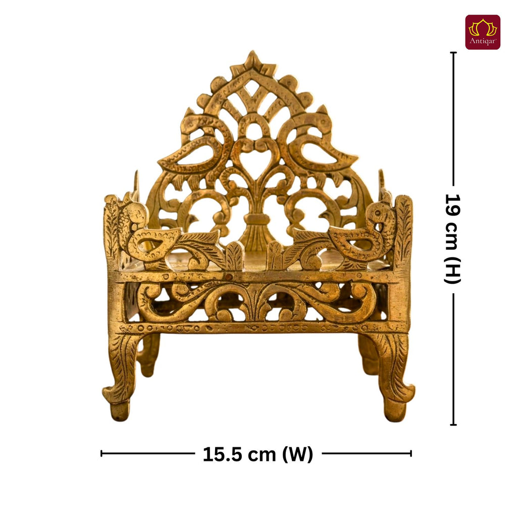 Brass Twin Peacock Embossed Design Laddu Gopal Singhasan – 19cm | Antique Golden Finish | Handcrafted Medium Size Throne for Temple, Home & Festival Decor