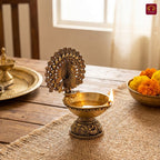 Brass Dancing Peacock on Diya - 7cm | Antique Finish | Spritual use for Pooja, Temple & Festival Decor