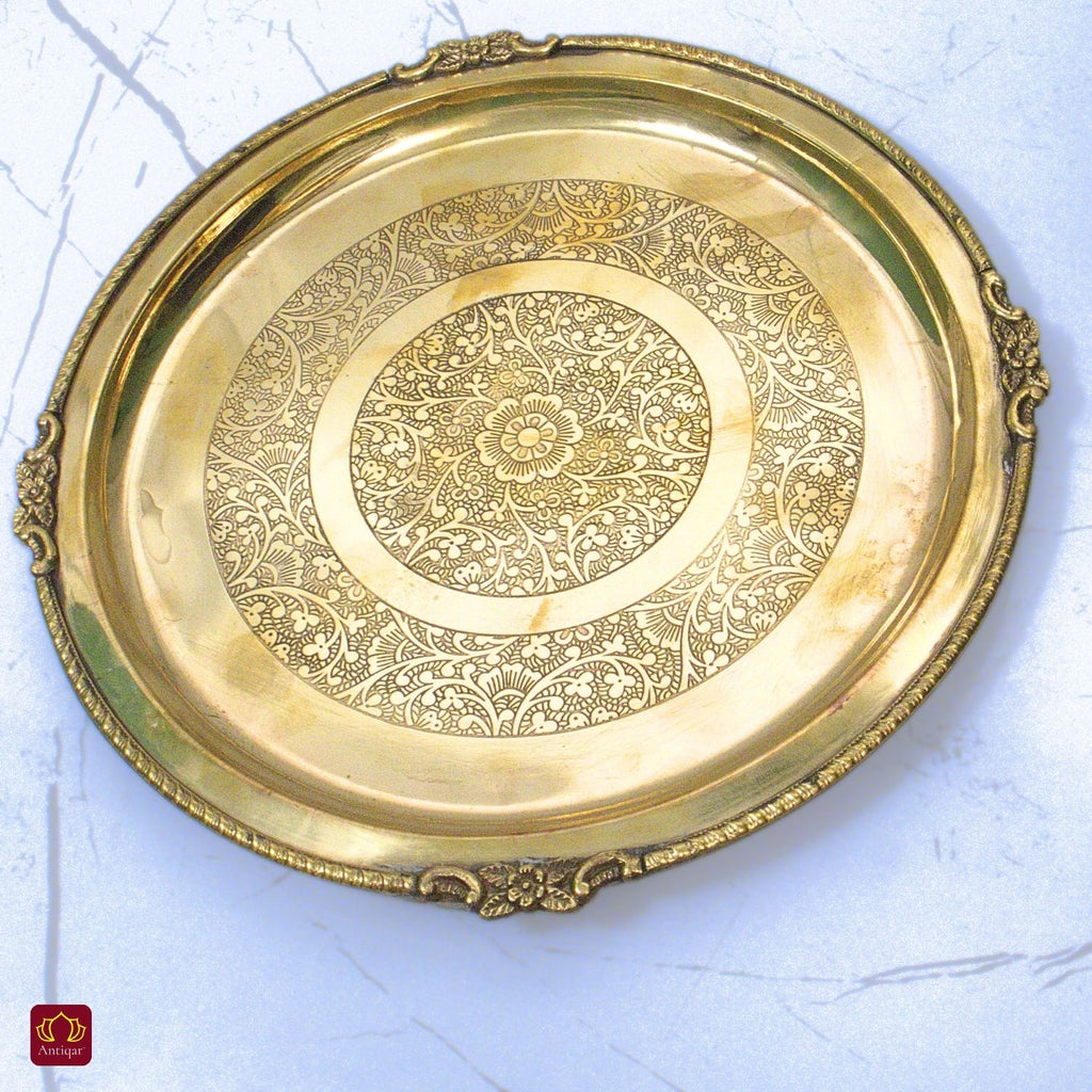 Brass Etching Design Plate - 2.5cm | Antique Golden Finish | Traditional use for Pooja in Temple, Festivals and Home