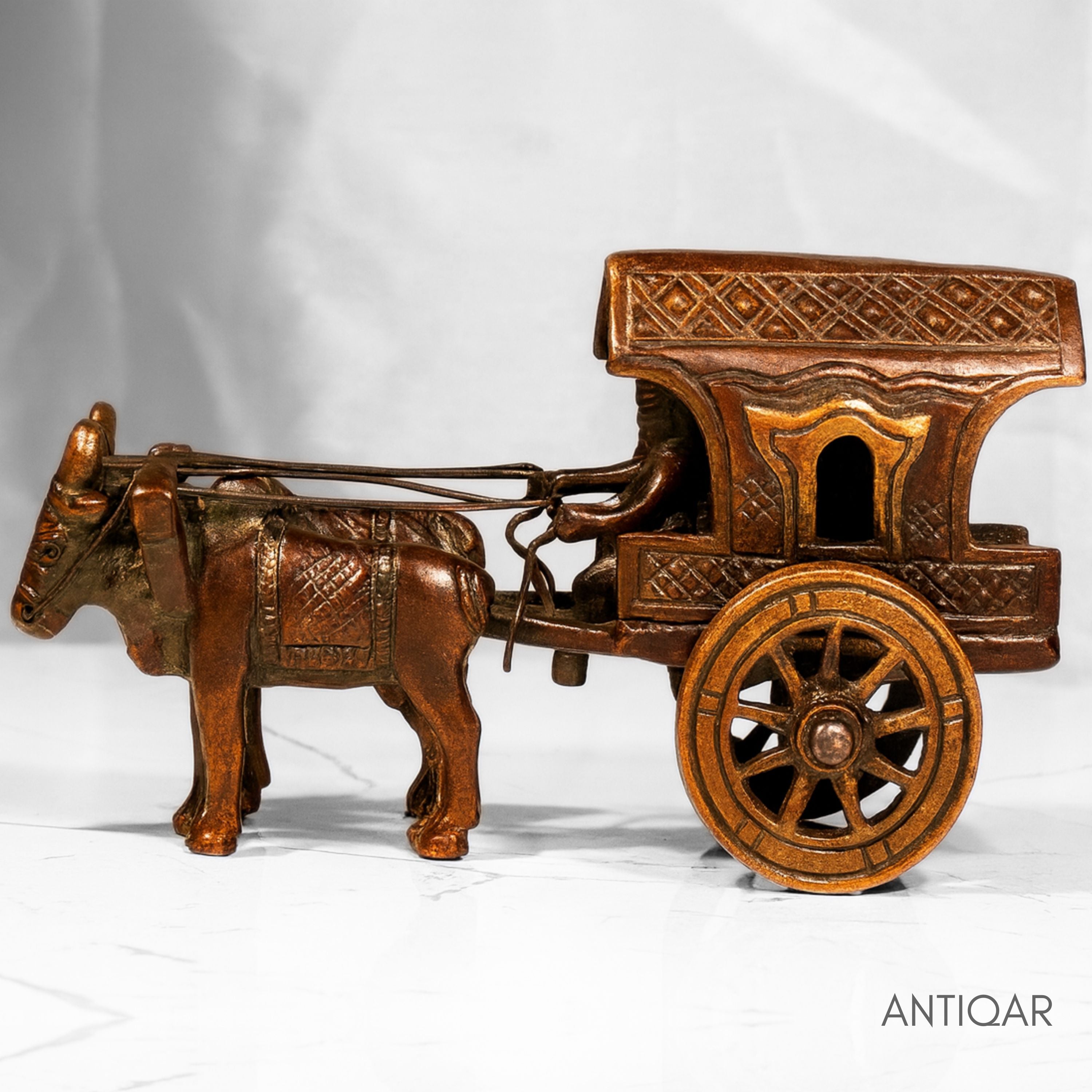 Brass Decorative Jharokha Bullock Cart Showpiece -7cm | Brown Antique Finish | Handicraft Showpiece for Home, Table & Office Decor