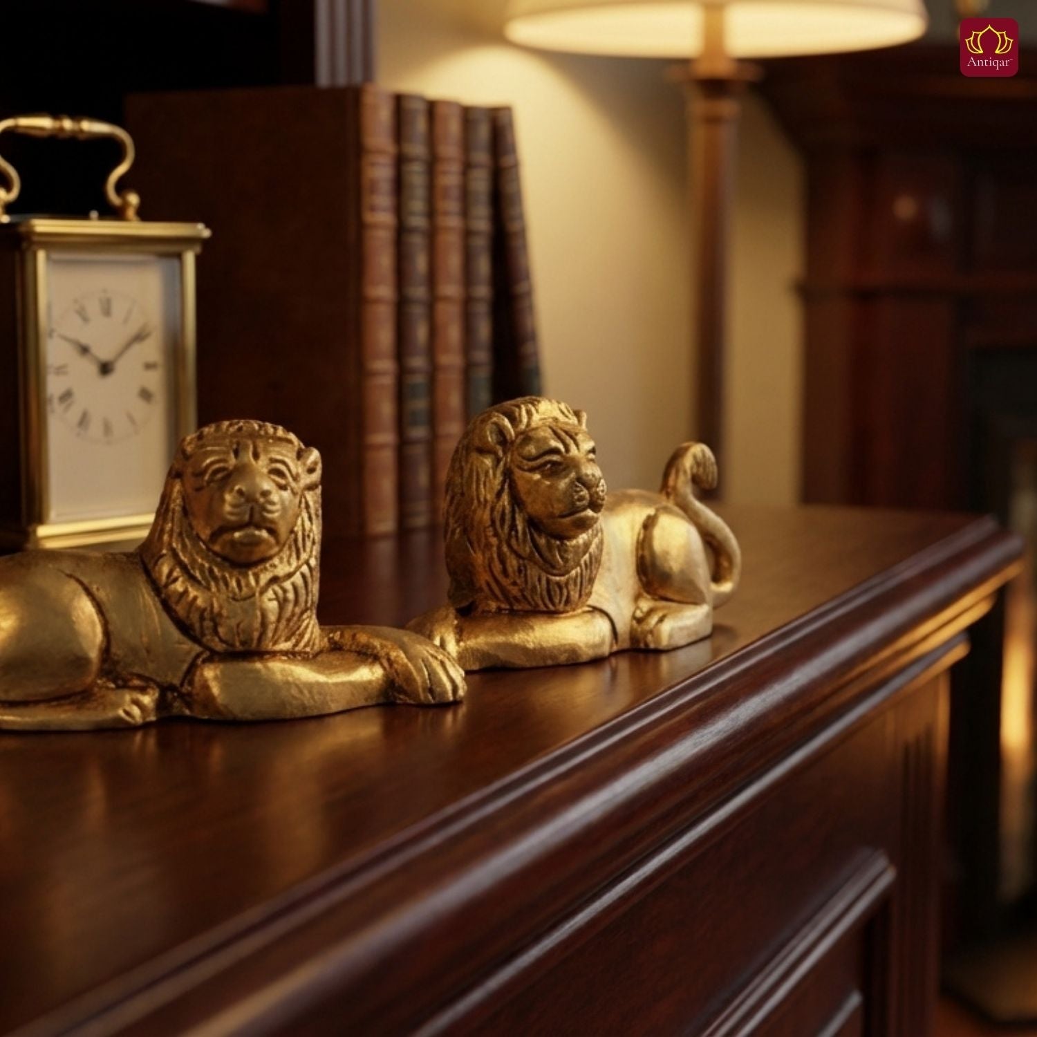 Brass Lion Pair Showpiece – 4 cm | Sitting Position | Antique Golden Finish | Handcrafted Figurines for Home, Table & Vastu Decor