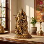 Brass Designer Radhakrishna Idol - 9.5cm | Antique Golden Finish | Spiritual Idol for Temple & Home Decor