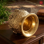 Brass Ashta Lakshmi Kalash - 12cm | Antique Yellow Finish | Spritual use for Pooja, Temple & Festival Decor