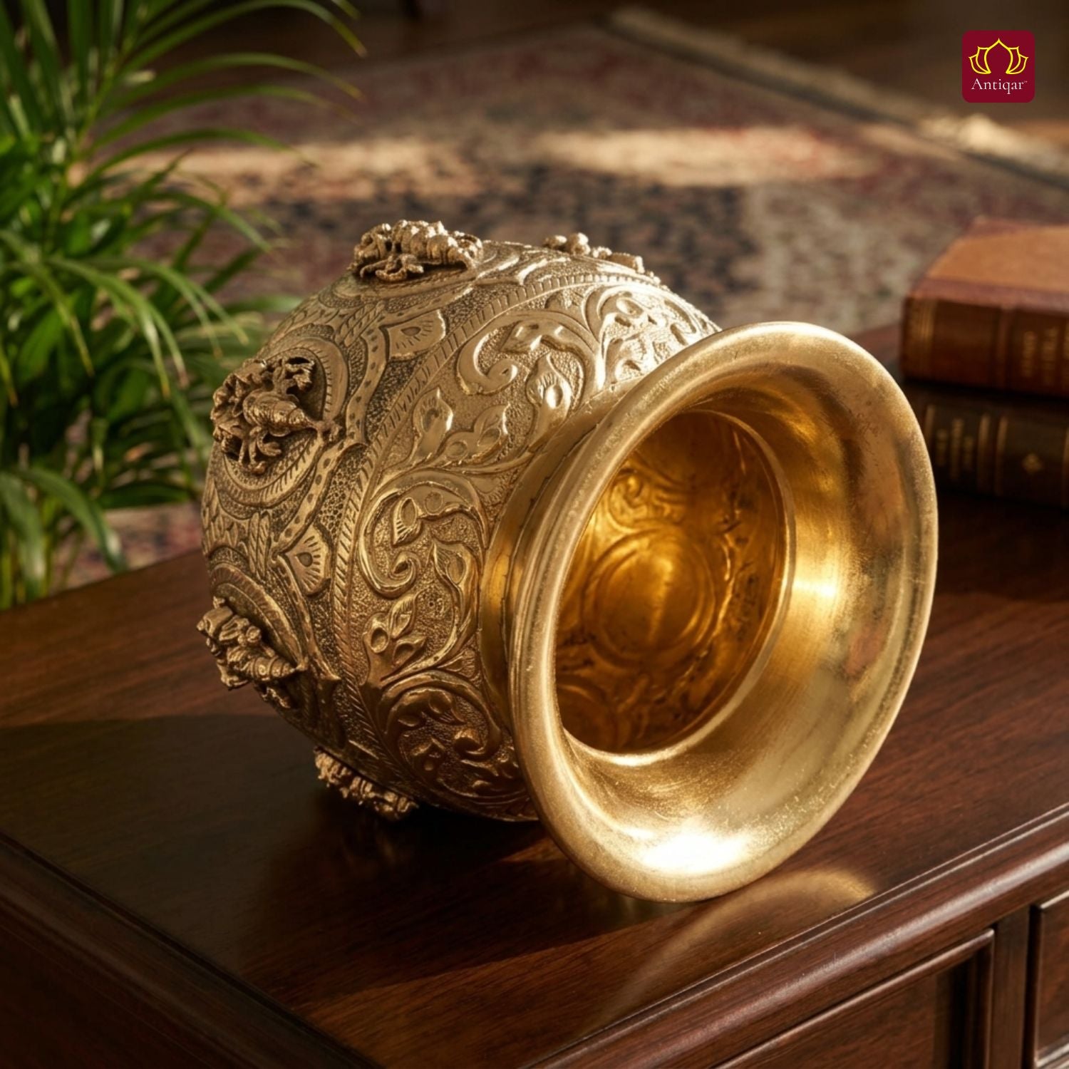 Brass Ashta Lakshmi Kalash - 12cm | Antique Yellow Finish | Spritual use for Pooja, Temple & Festival Decor