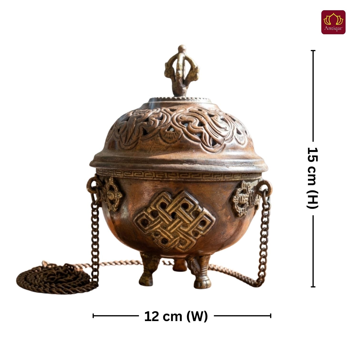 Tibetan Copper Hanging Incense Burner with Chain - 15cm | Antique Brown Finish | Suspended Vessel use for Prayers & Meditation