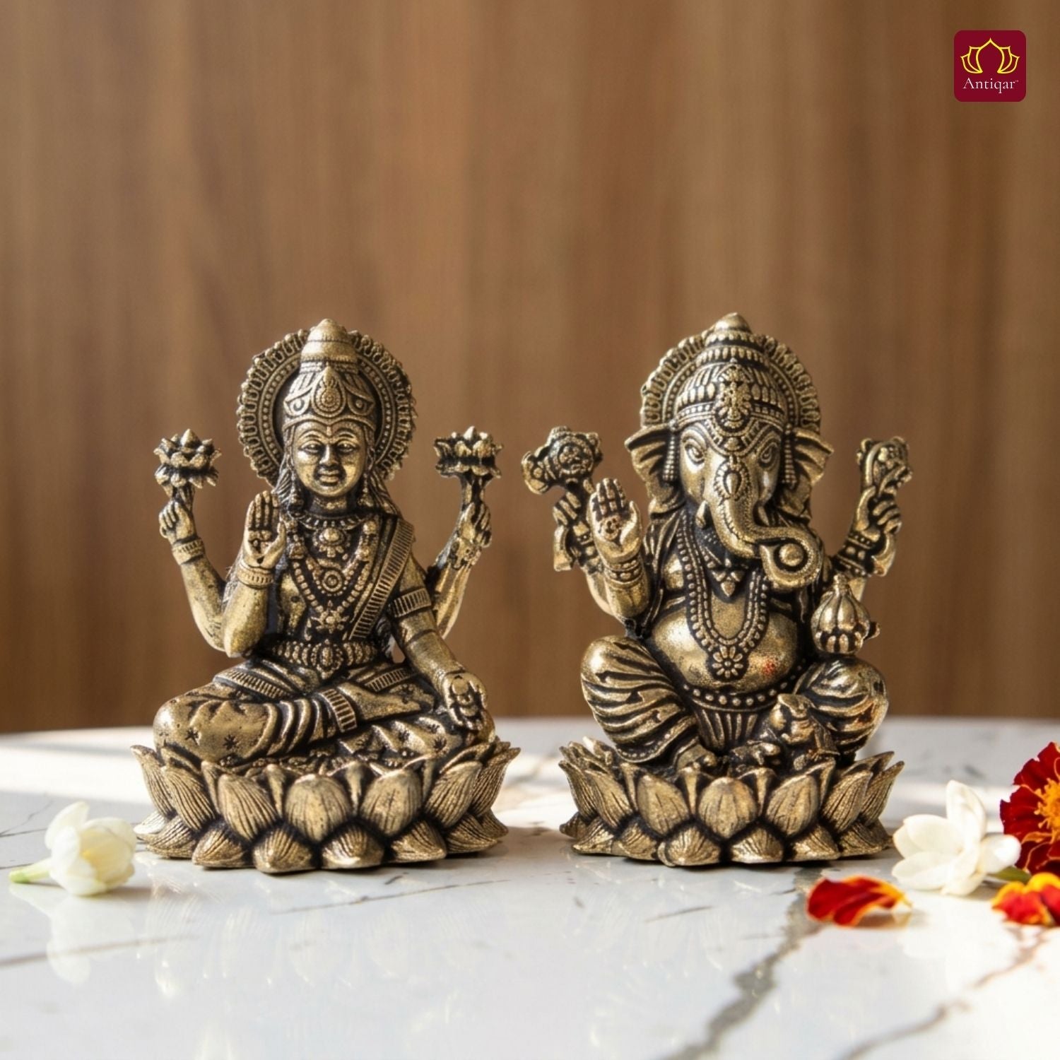 Brass Ganesh Laxmi pair Idol - 6.5cm| Sitting on Lotus | Antique Finish | Spiritual Decor for Temple, Home & Car Dashboard