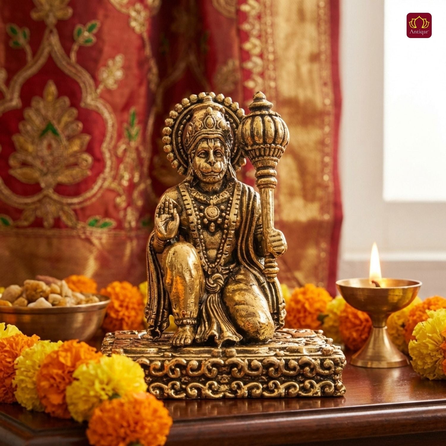 Brass Vintage Base Sitting Hanuman Ji Idol – 6.5cm | Antique Finish | Spiritual Idol for Temple, Home & Car Dashboard Decor