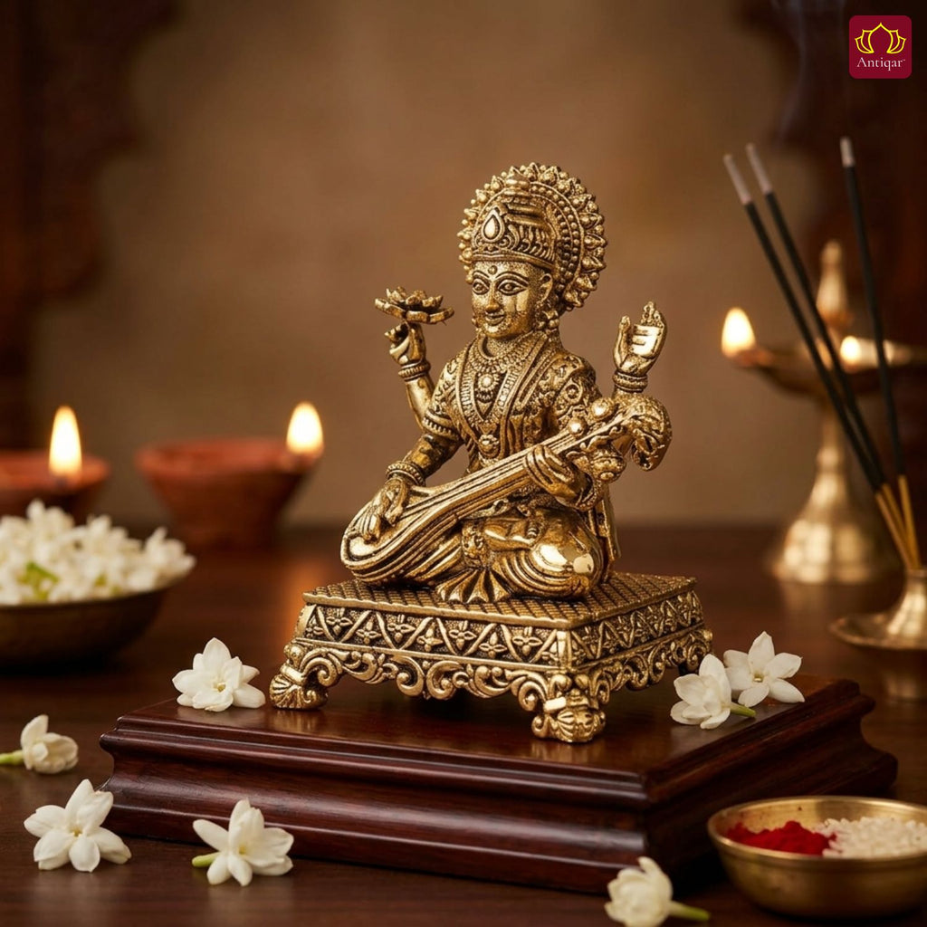 Brass Saraswati Ji Idol - 5.5cm | Golden Finish | Spritual use for Home, Temple & Car dashboard Decor