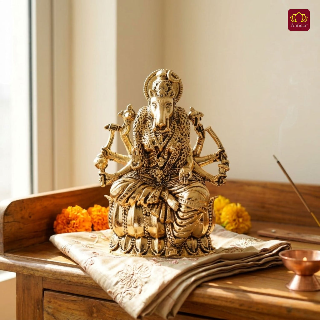 Brass Varahi Mata Idol - 5cm | Golden Finish | Spritual use for Home, Temple & Car dashboard Decor