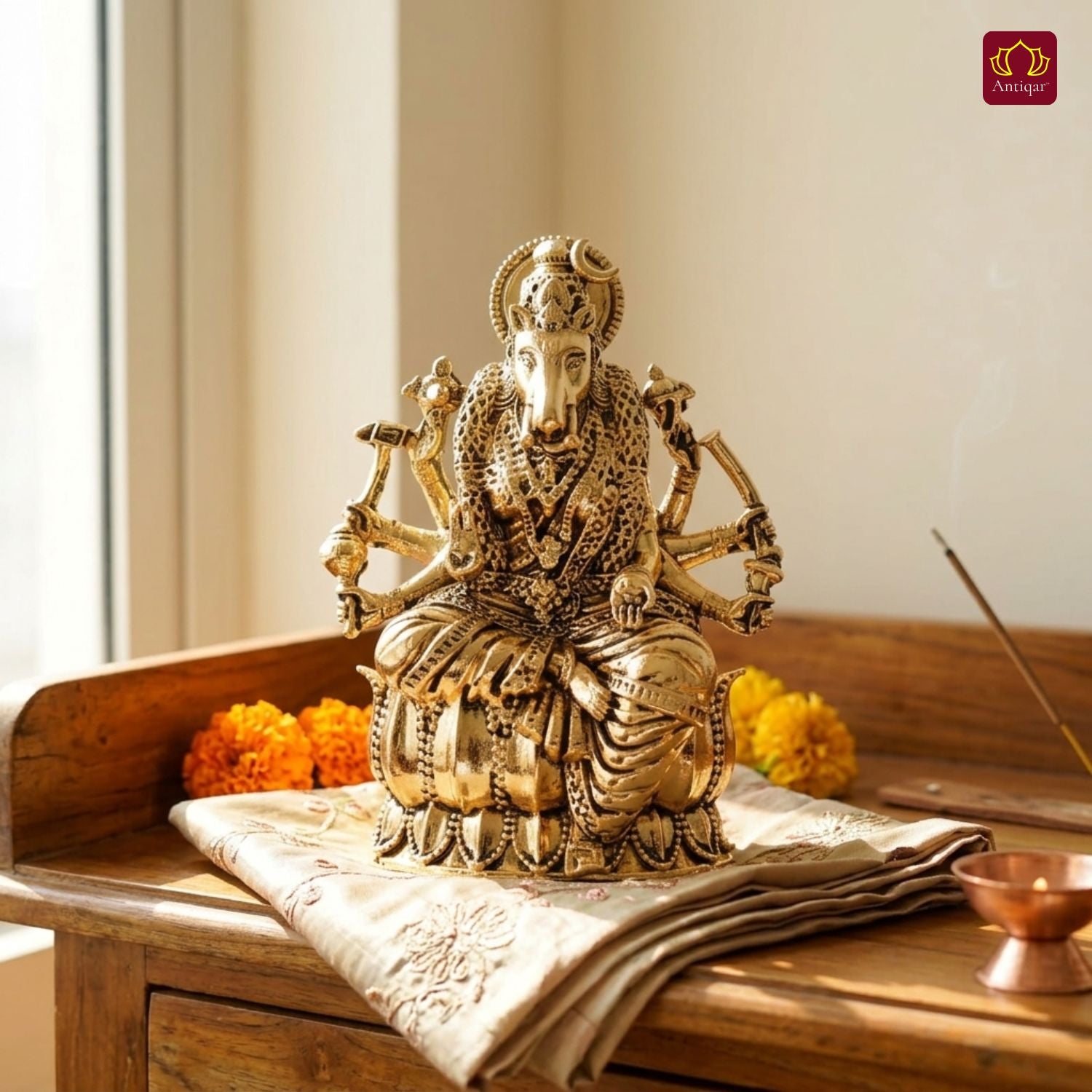 Brass Varahi Mata Idol - 5cm | Golden Finish | Spritual use for Home, Temple & Car dashboard Decor