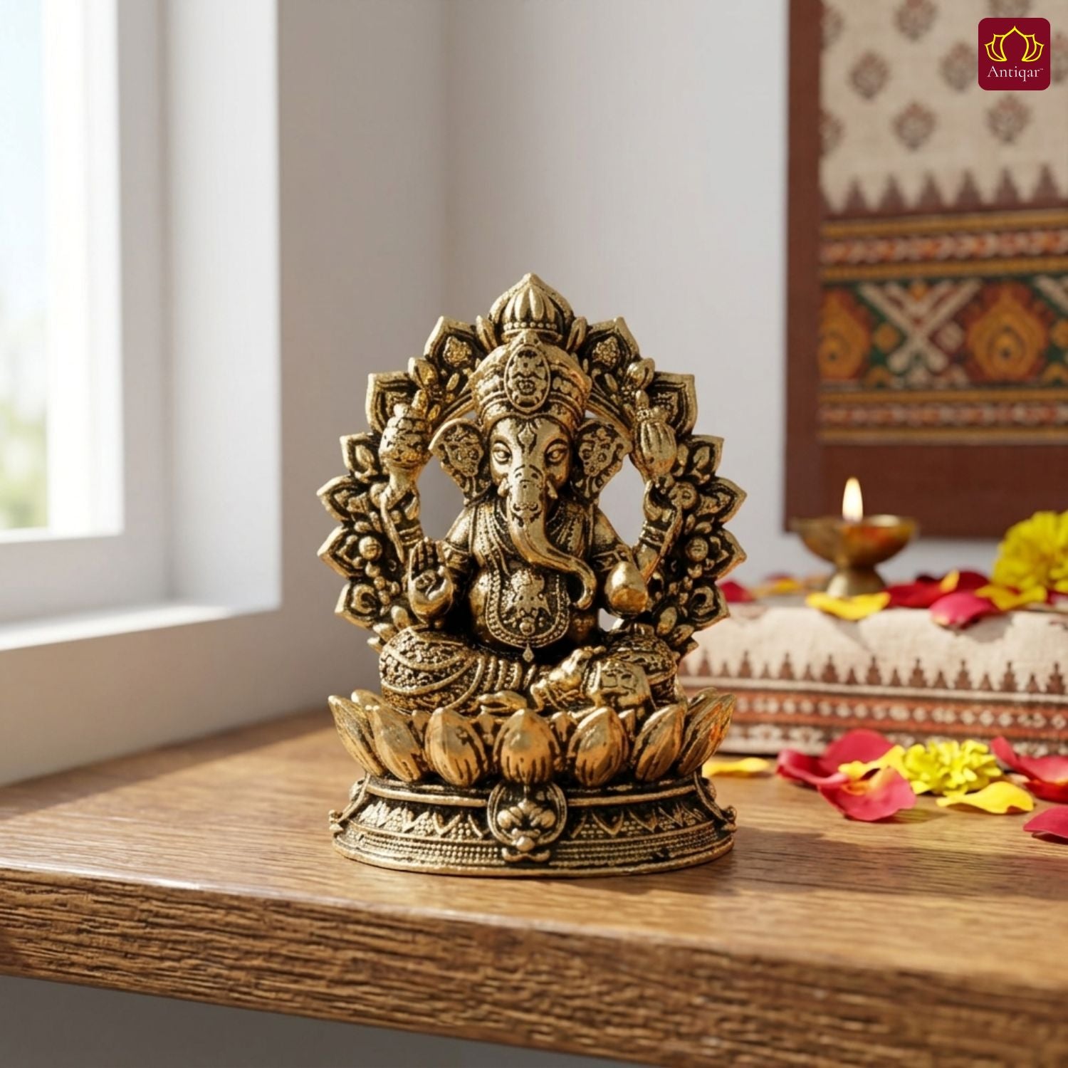 Brass Ganesh JI Idol - 4cm | Golden Finish | Spiritual Decor for Temple, Home & Car Dashboard