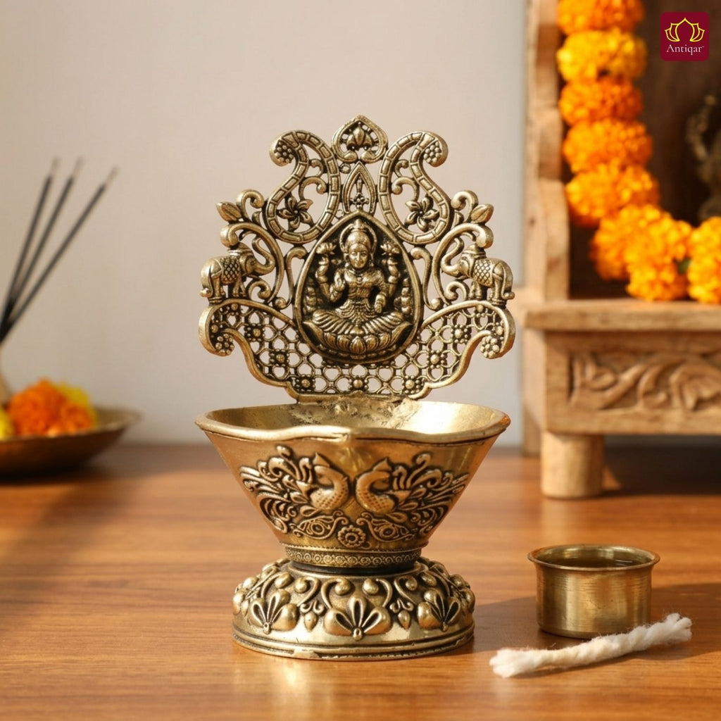 Brass Diya Laxmi Design - 10cm | Antique Finish | Spritual use for Pooja, Temple & Festival Decor