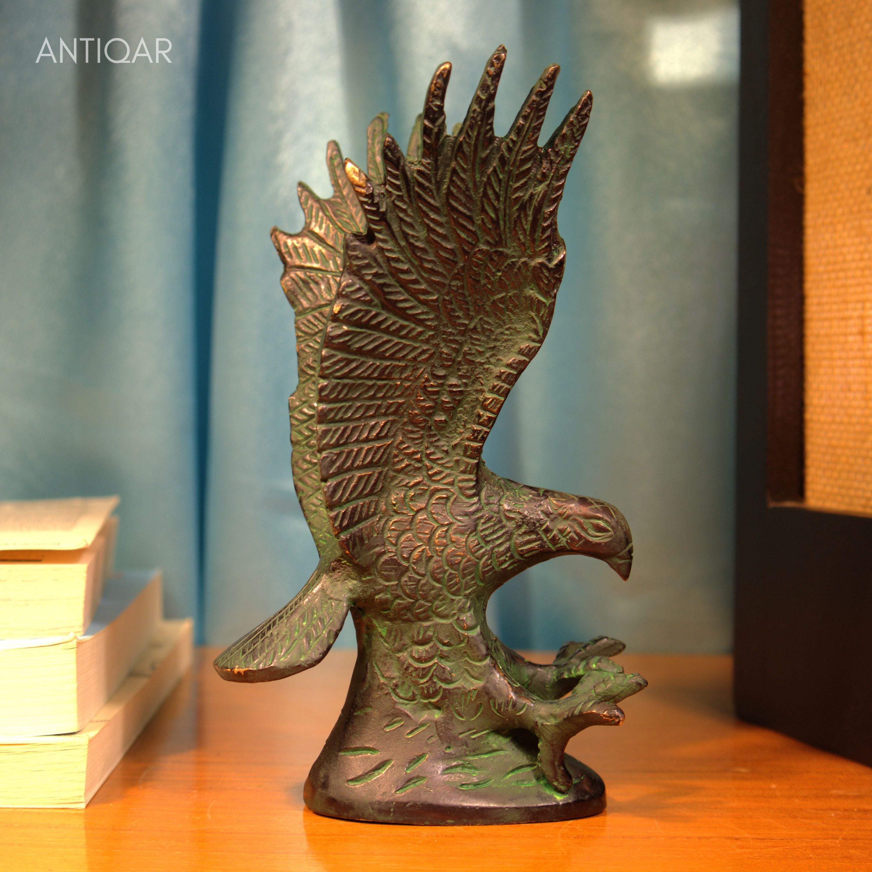 Brass Eagle with Upward Wing - 15.5cm | Green Patina Finish | Handcrafted Showpiece for Home Table Decor