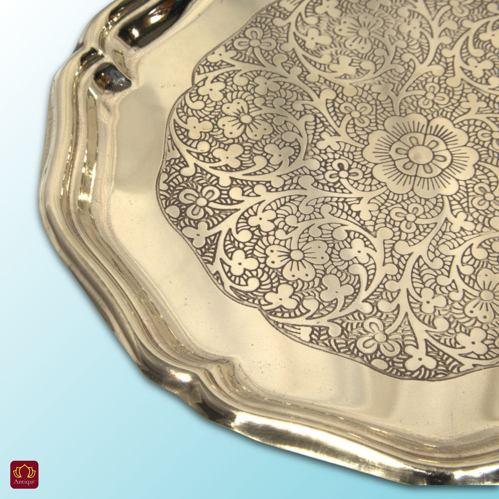Brass Etching Design Plate - 20cm | Antique Golden Finish | Traditional use for Pooja in Temple, Festivals and Home