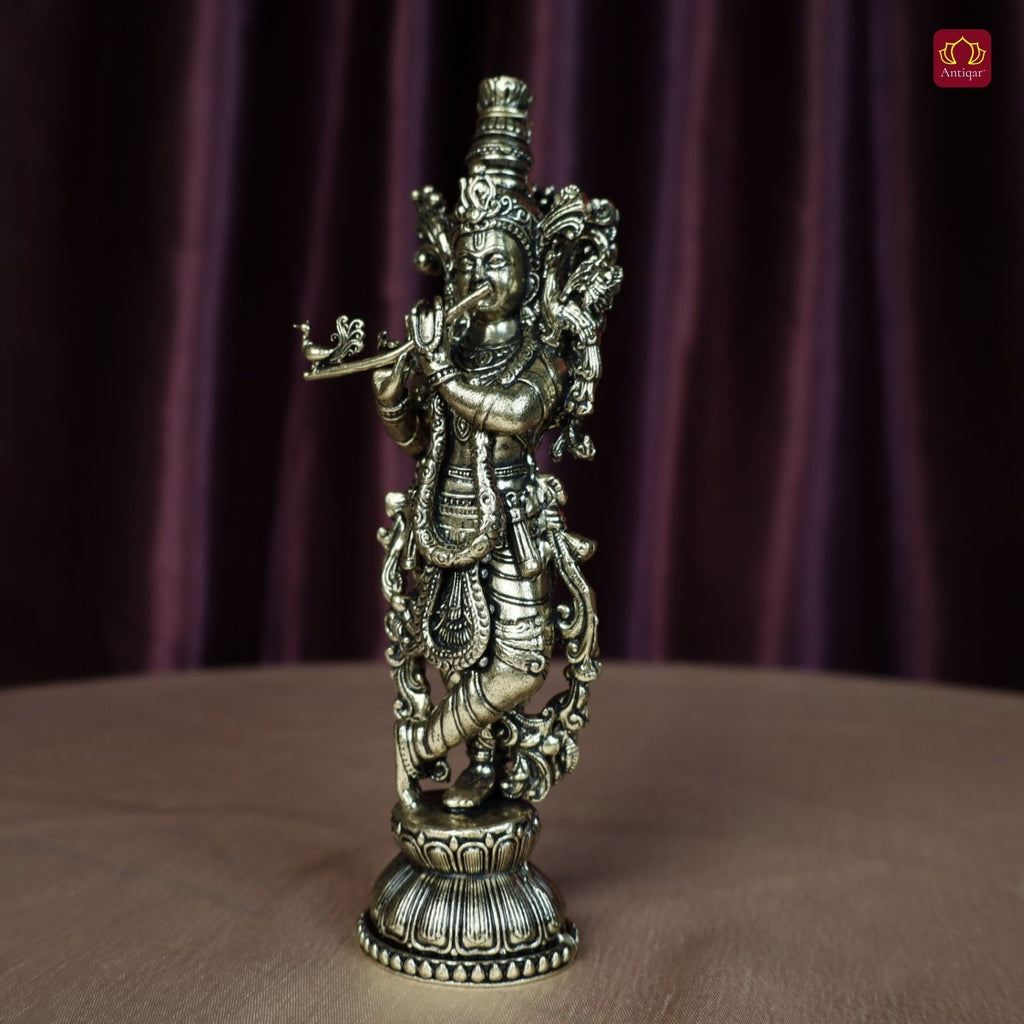 Brass Lord Krishna Idol Playing with Flute - 15cm | Antique Finish | Handcrafted Artwork | Home & Office Decor | Ideal for Gifting & Spiritual Blessings