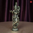 Brass Lord Krishna Idol Playing with Flute - 15cm | Antique Finish | Handcrafted Artwork | Home & Office Decor | Ideal for Gifting & Spiritual Blessings