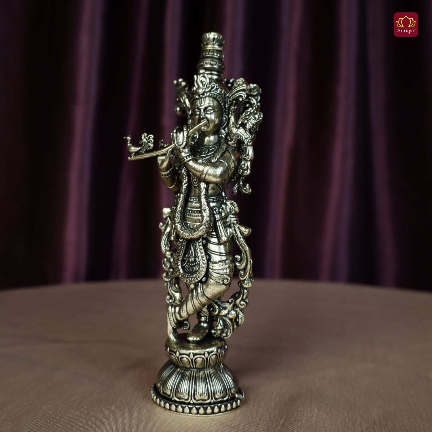 Brass Lord Krishna Idol Playing with Flute - 15cm | Antique Finish | Handcrafted Artwork | Home & Office Decor | Ideal for Gifting & Spiritual Blessings