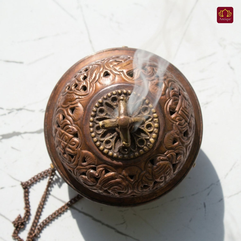 Tibetan Copper Hanging Incense Burner with Chain - 15cm | Antique Brown Finish | Suspended Vessel use for Prayers & Meditation