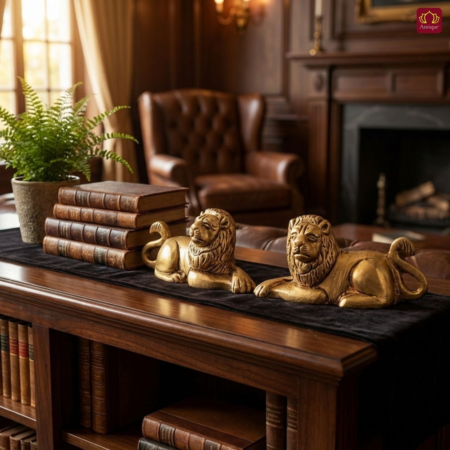 Brass Lion Pair Showpiece – 4 cm | Sitting Position | Antique Golden Finish | Handcrafted Figurines for Home, Table & Vastu Decor