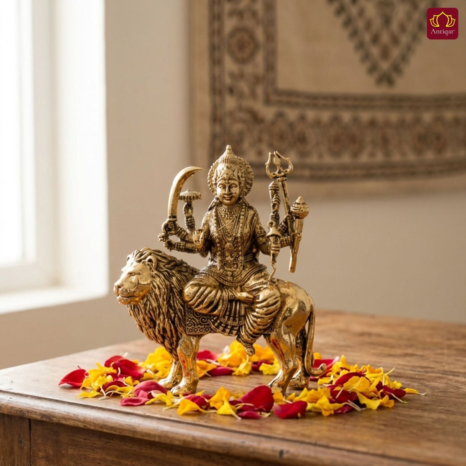 Brass Sherawali Maa Idol - 5.5cm | Sitting on Lion | Golden Finish | Spiritual Idol for Temple & Home Decor