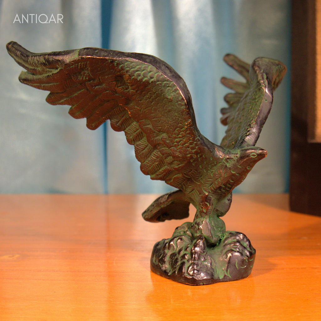 Brass Eagle with Spread Wing - 12cm | Black Green Patina Finish | Handcrafted Showpiece for Home Table Decor
