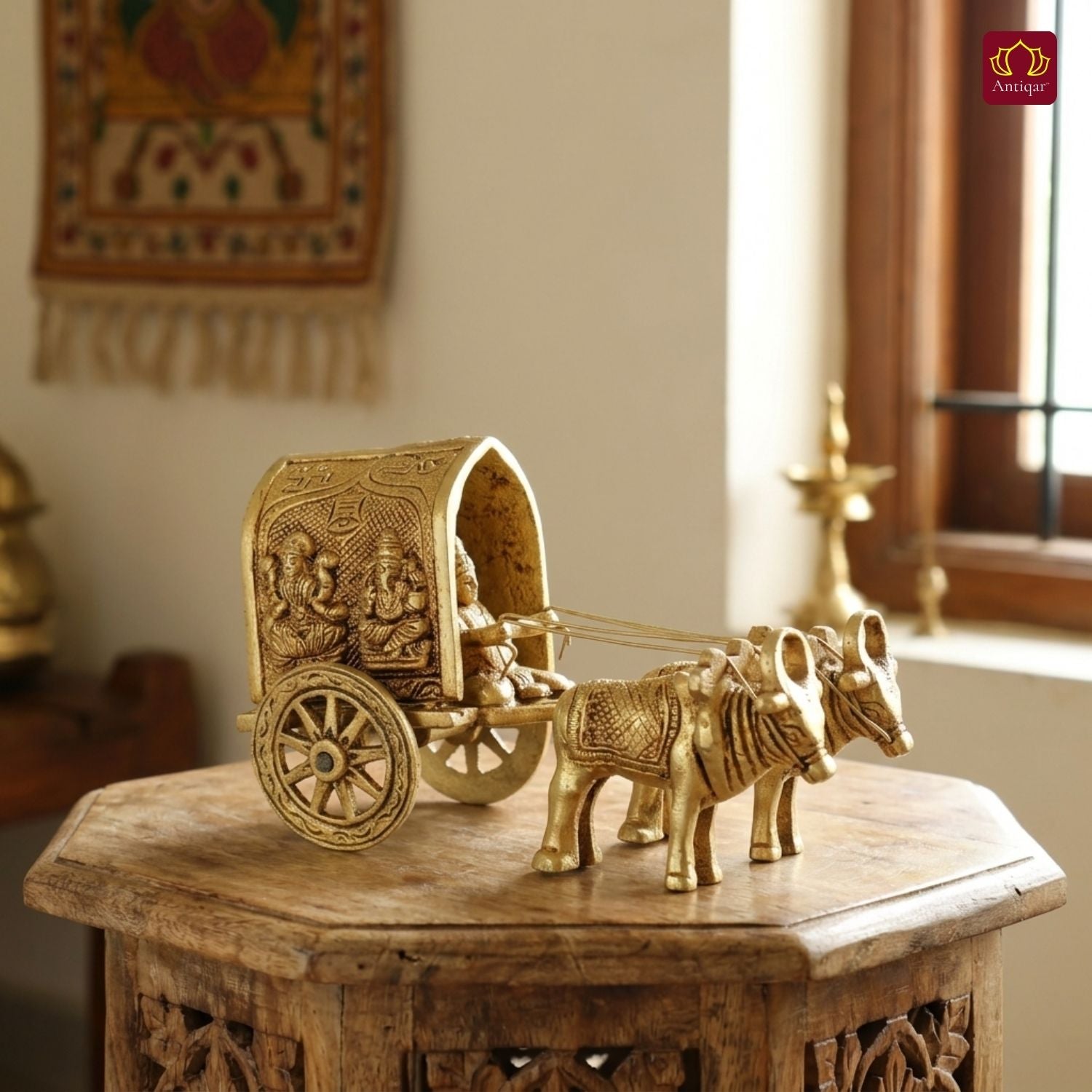 Brass Bullock Cart Showpiece – 10 cm | With Lakshmi & Ganesh Carving on Sides | Antique Golden Finish | Handcrafted Decor for Temple, Home & Festival Use