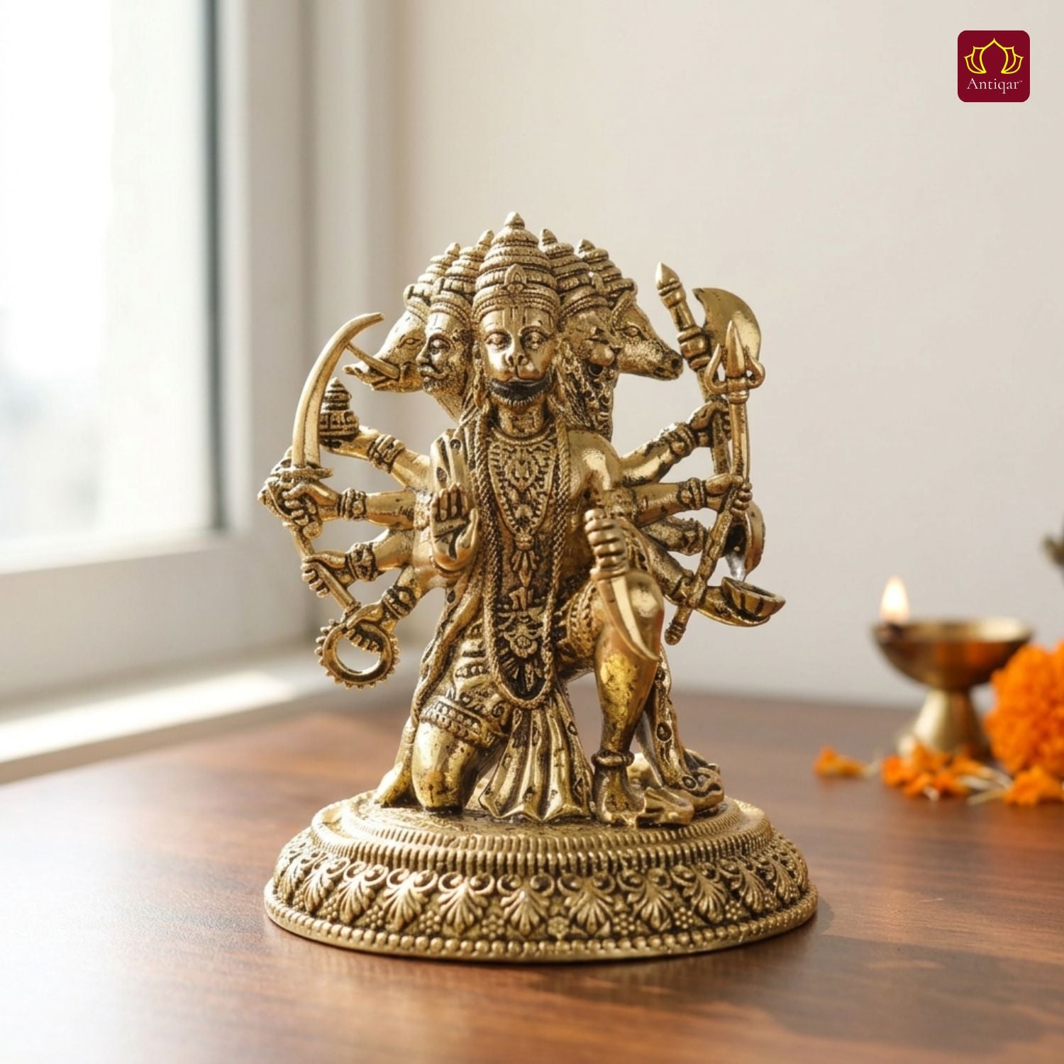 Brass Panchmukhi Hanuman Idol -6.5cm | Golden Finish | Spritual use for Home, Temple & Car Dashboard Decor