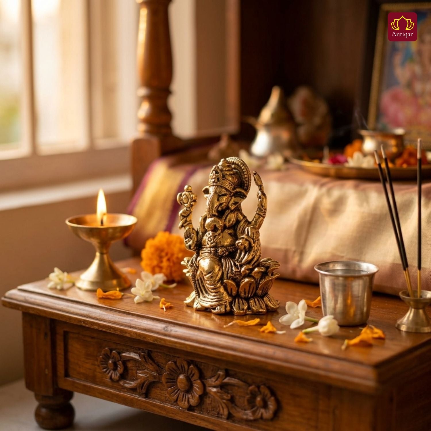 Brass Ganesh JI Idol - 3.5cm | Golden Finish | Spiritual Decor for Temple, Home & Car Dashboard