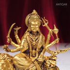 Brass Sherawali Maa Idol - 10cm | Sitting on Lion | Antique Golden Finish | Spiritual Idol for Temple & Home Decor