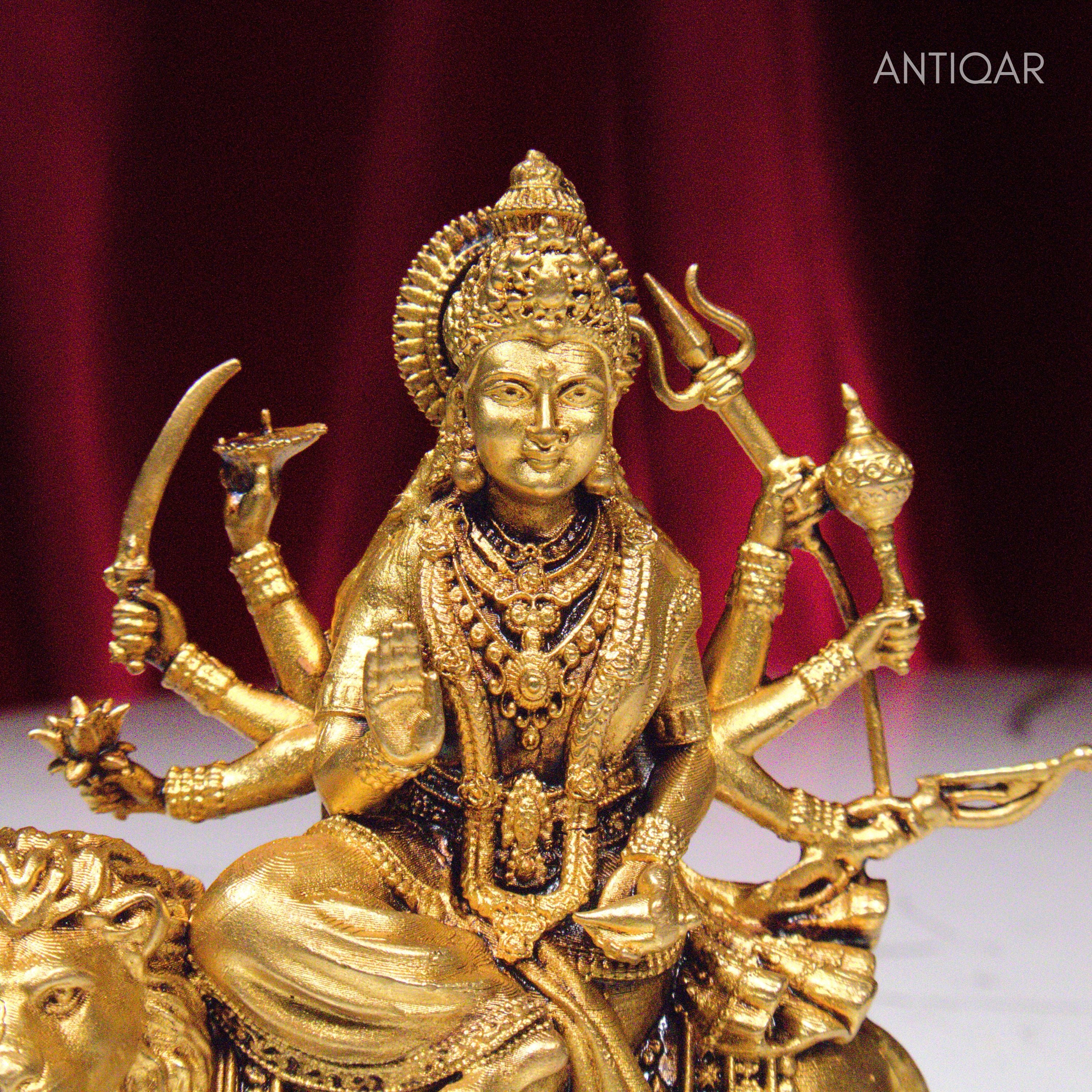 Brass Sherawali Maa Idol - 10cm | Sitting on Lion | Antique Golden Finish | Spiritual Idol for Temple & Home Decor
