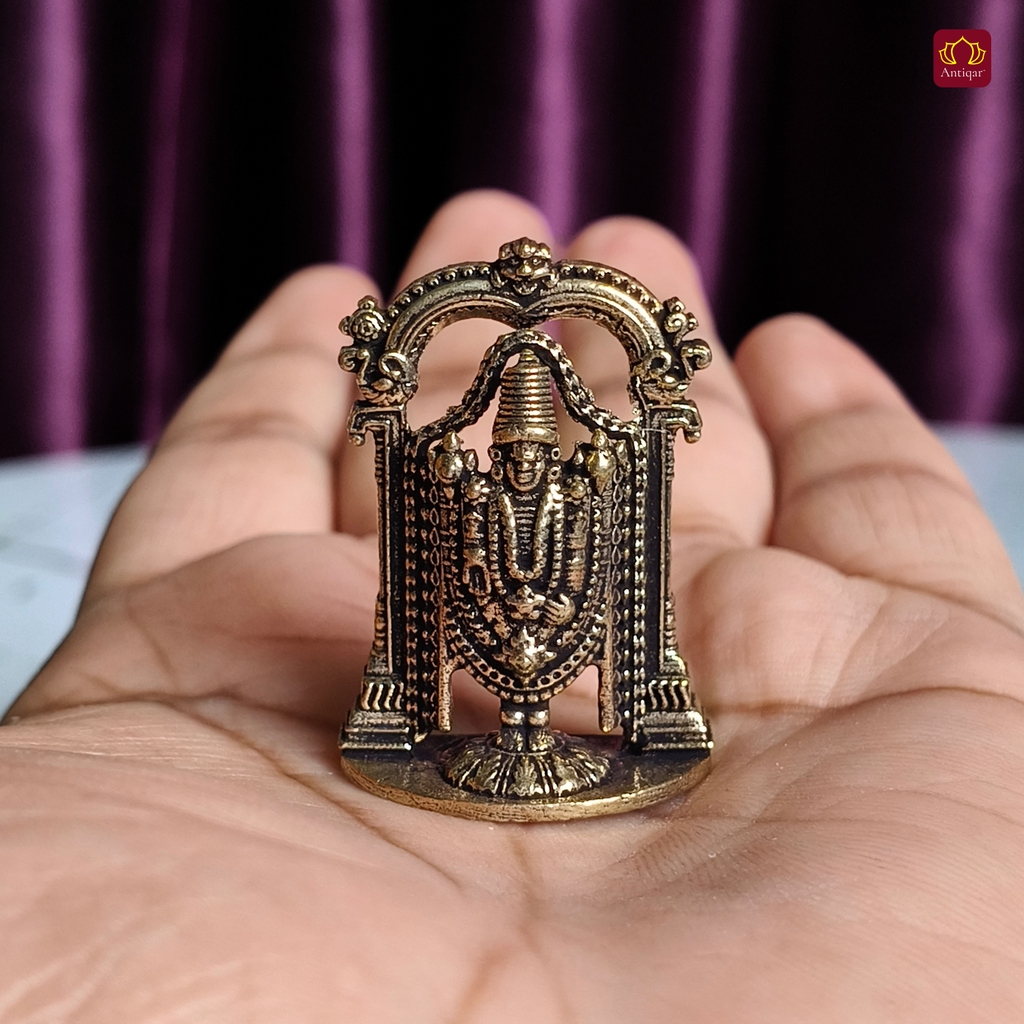 Brass Miniature Lord Sri Venkateswara Ji Idol - 3.5cm | Antique Finish | Spritual use for Home, Temple & Car Dashboard Decor