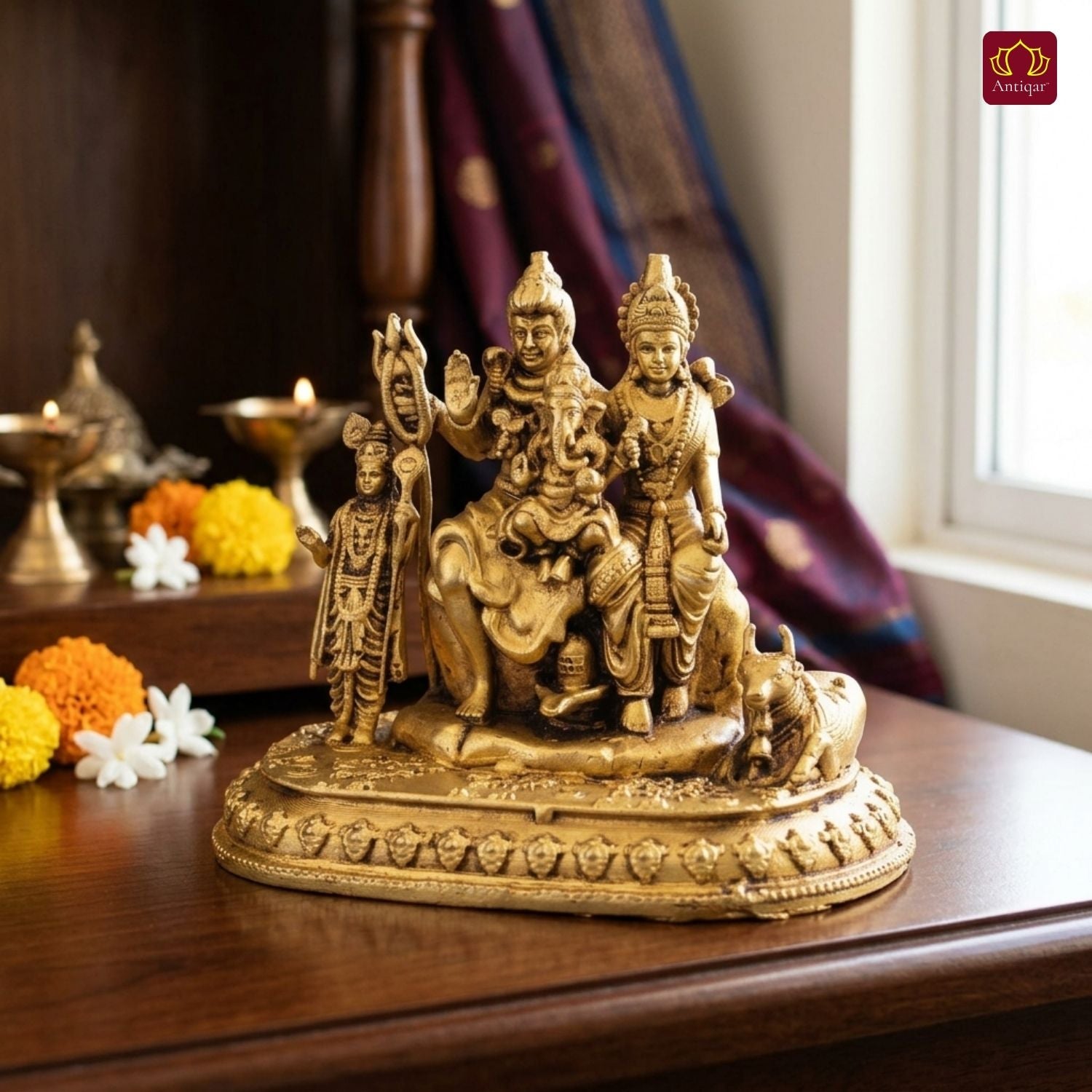 Brass Shiv Parivar Idol - 5cm | Antique Golden Finish | Spiritual Idol for Temple & Home Decor