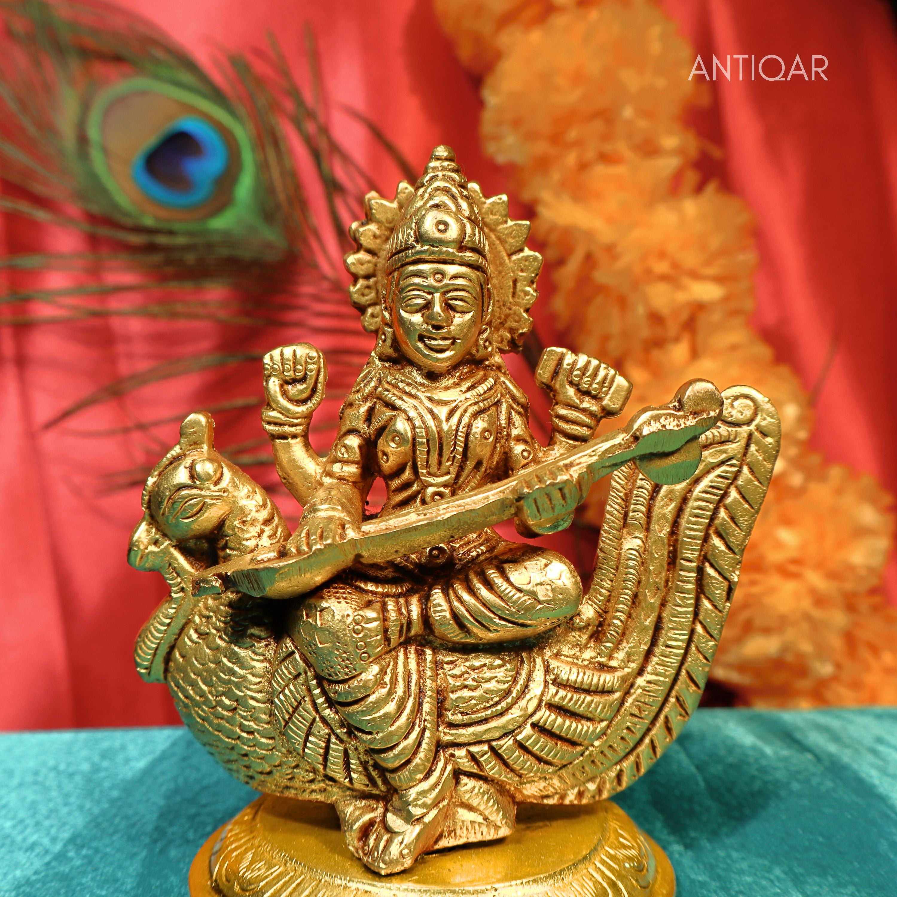 Brass Saraswati Ji Idol – 11 cm | Sitting on Swan with Veena | Antique Golden Finish | Handcrafted for Temple & Home Decor
