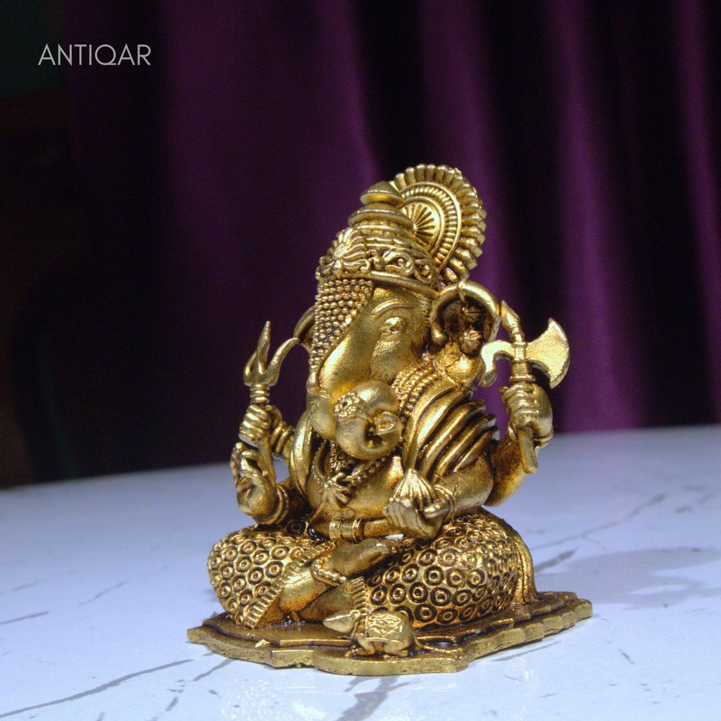 Brass Ganesh Idol - 6.5cm | Antique Finish | Spritual use for Home, Temple & Car dashboard Decor