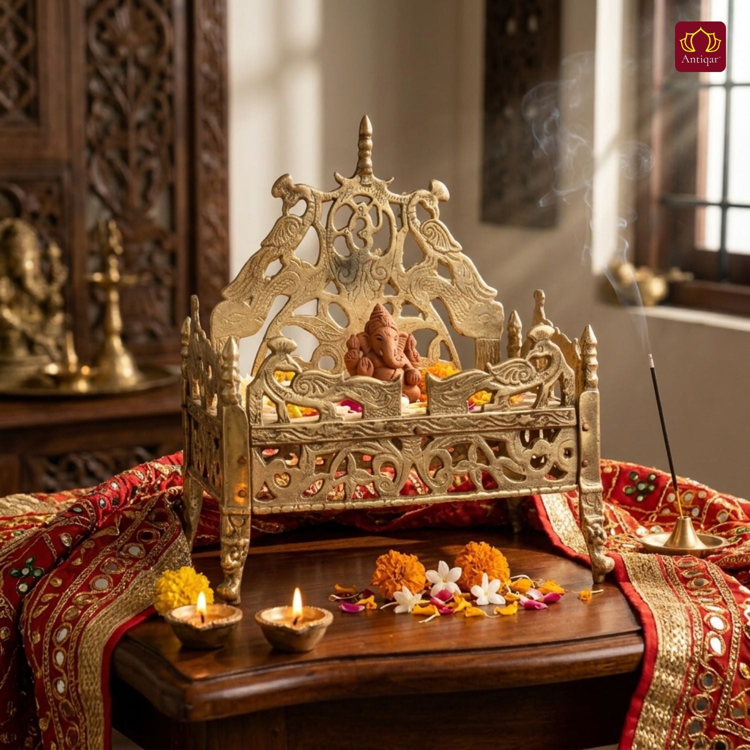 Brass Twin Peacock Embossed Design Laddu Gopal Singhasan – 19.5cm | Antique Golden Finish | Handcrafted Large Size Throne for Temple, Home & Festival Decor