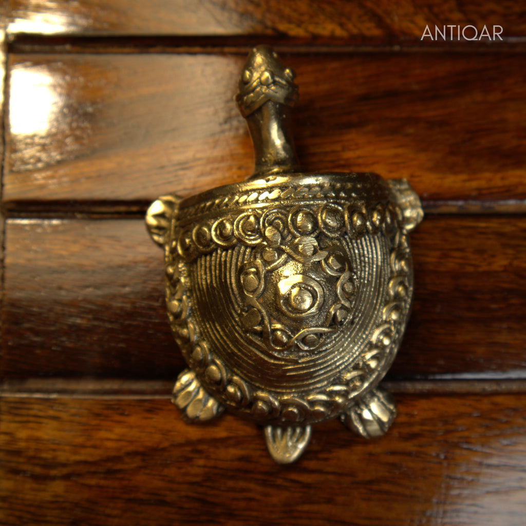 Dhokra Art Brass Turtle – 3 cm | Golden Antique Finish | Tribal Handcrafted Showpiece for Temple, Home & Table Decor