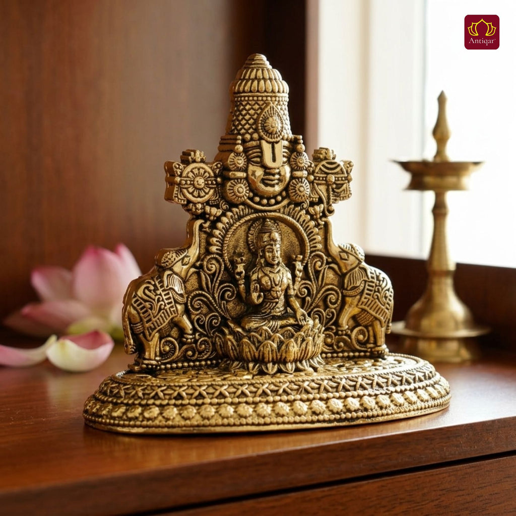 Brass Tirupathi Balaji & Goddess Gajalakshmi with Vaishnava Symbols - 8cm | Golden Finish | Spritual use for Home, Temple & Car dashboard Decor