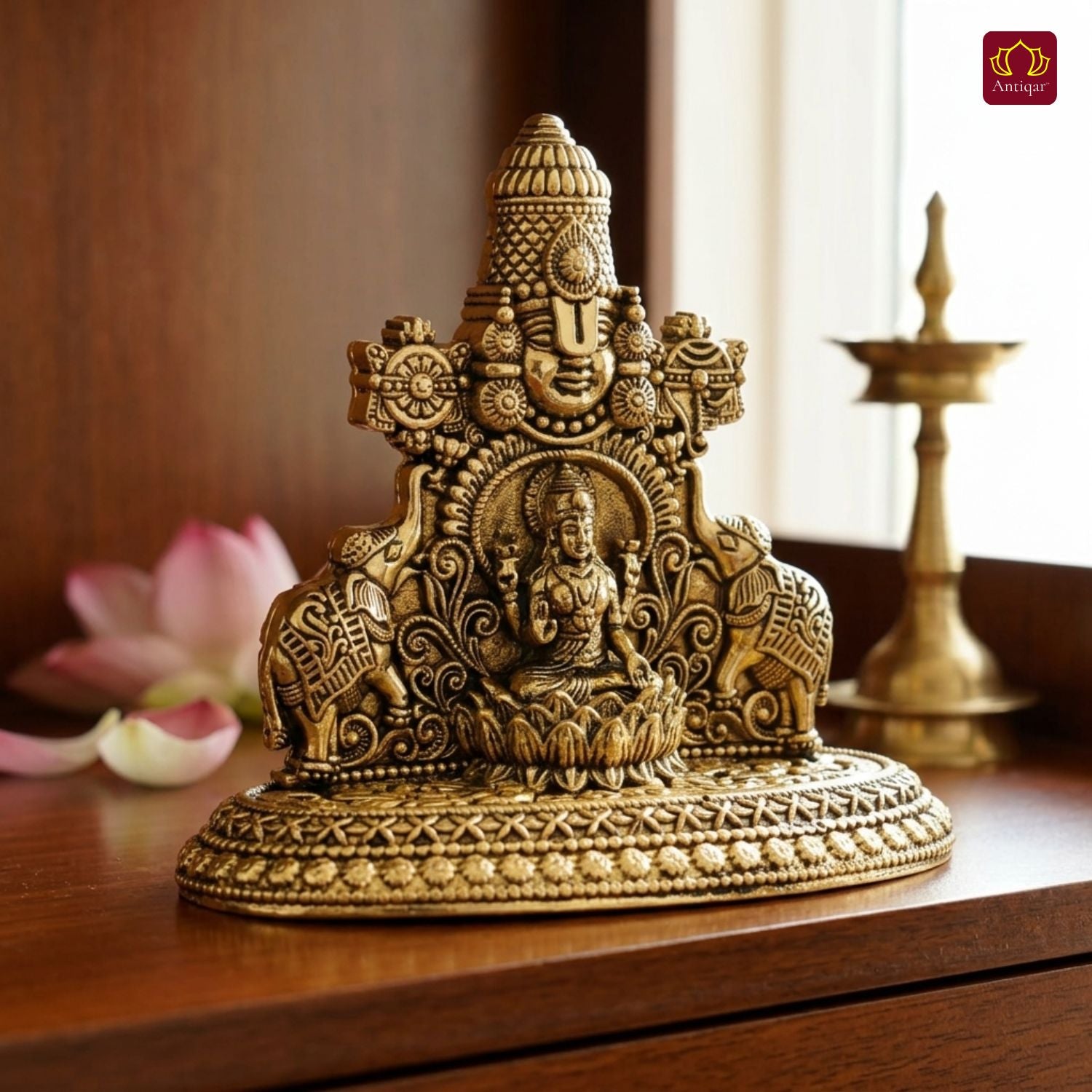 Brass Tirupathi Balaji & Goddess Gajalakshmi with Vaishnava Symbols - 8cm | Golden Finish | Spritual use for Home, Temple & Car dashboard Decor