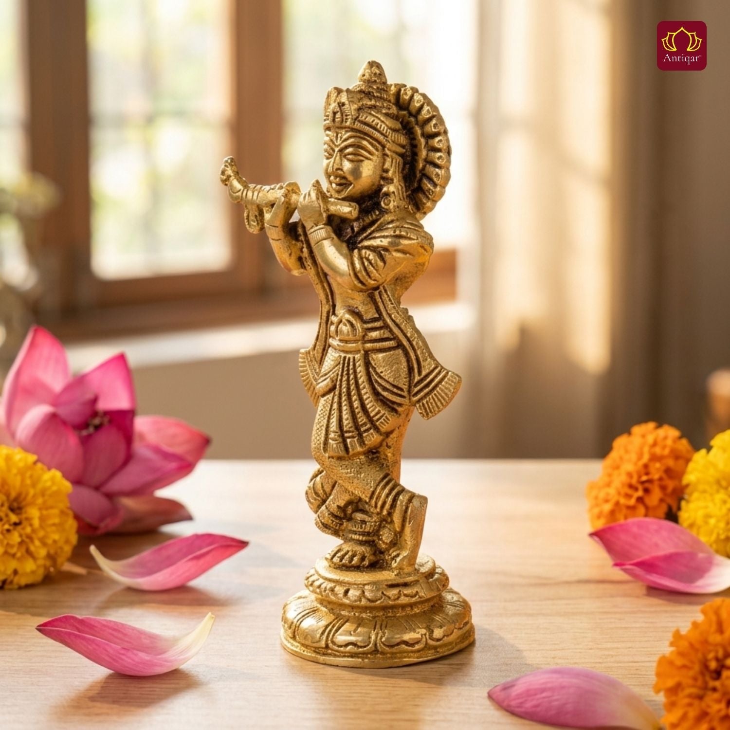 Brass Krishna Idol - 15cm | Handcrafted Art for Worship | Home, Temple & Vehicle Decor