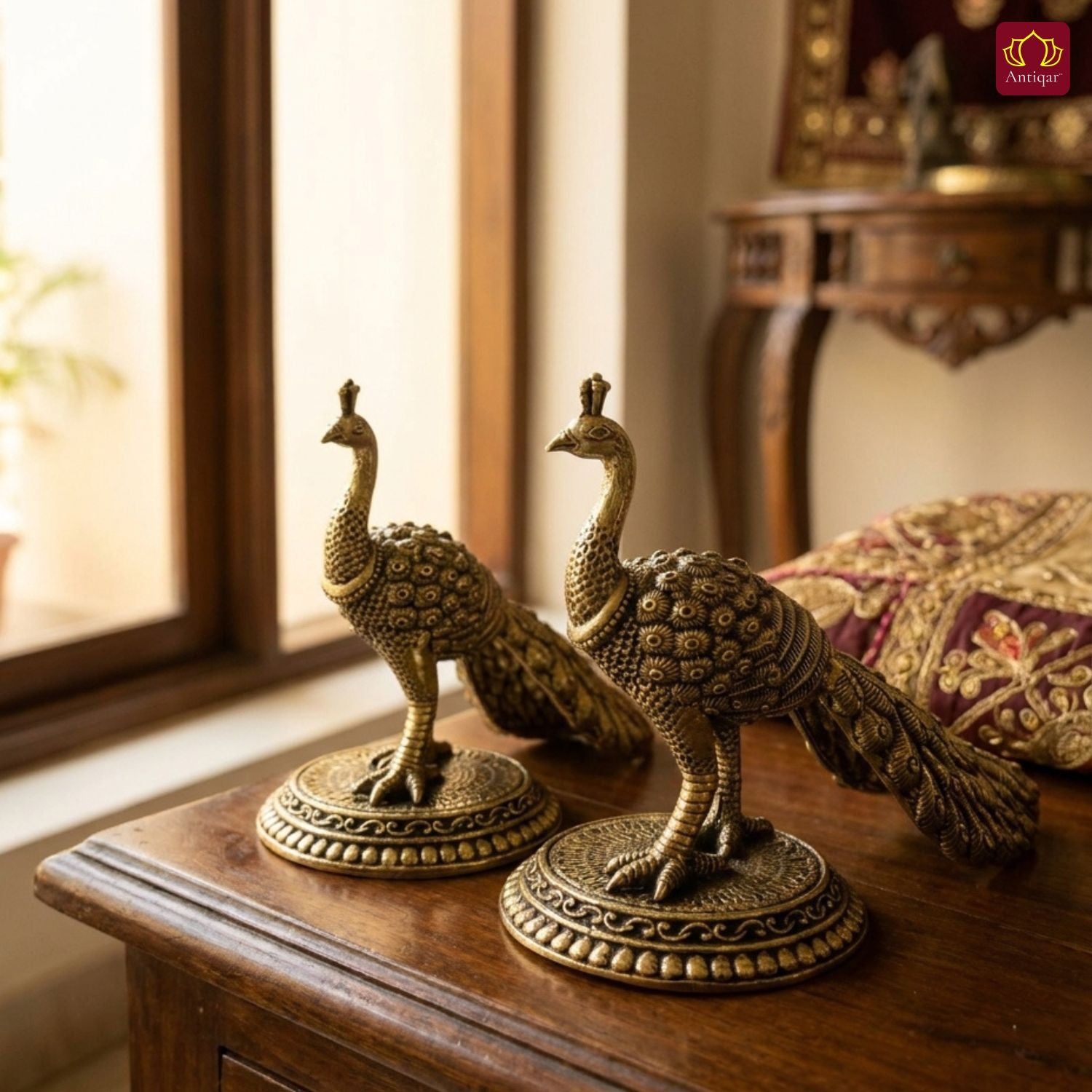 Brass Peacock Showpiece – 8 cm | Antique Finish | Handcrafted Decor for Temple, Table & Home (Pack of 2)