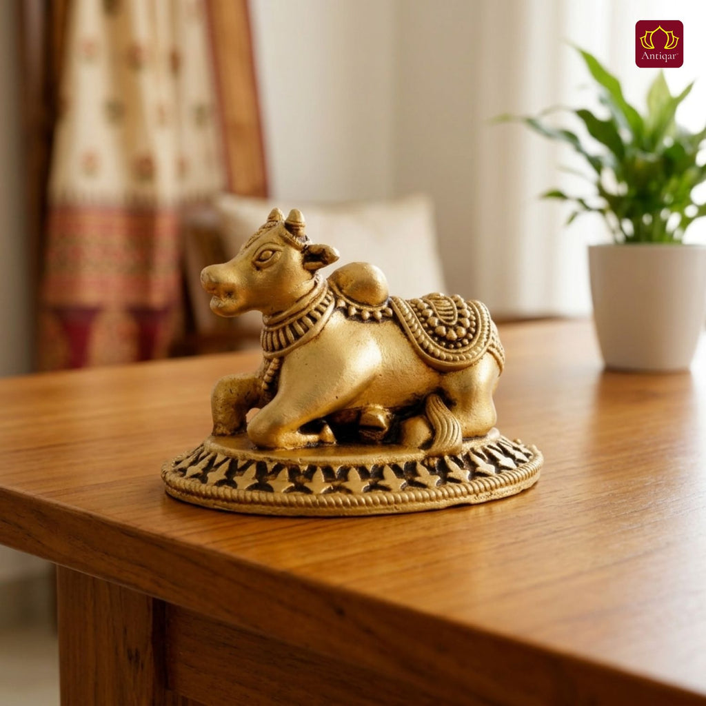 Brass Nandi Figurine - 3.5cm | Antique Golden Finish | Spritual use for Home, Temple & Car Dashboard Decor