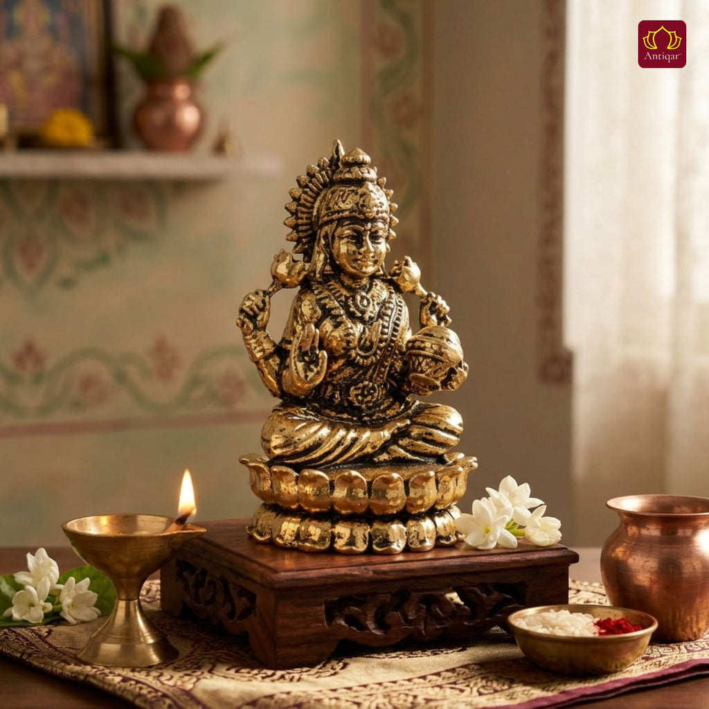 Brass Lakshmi JI Idol - 4cm | Golden Finish | Spiritual Decor for Temple, Home & Car Dashboard