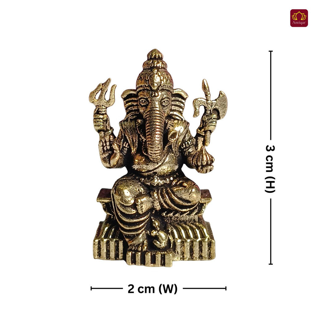 Brass Miniature Ganesh Ji Idol - 3cm | Antique Finish | Spritual use for Home, Temple & Car Dashboard Decor
