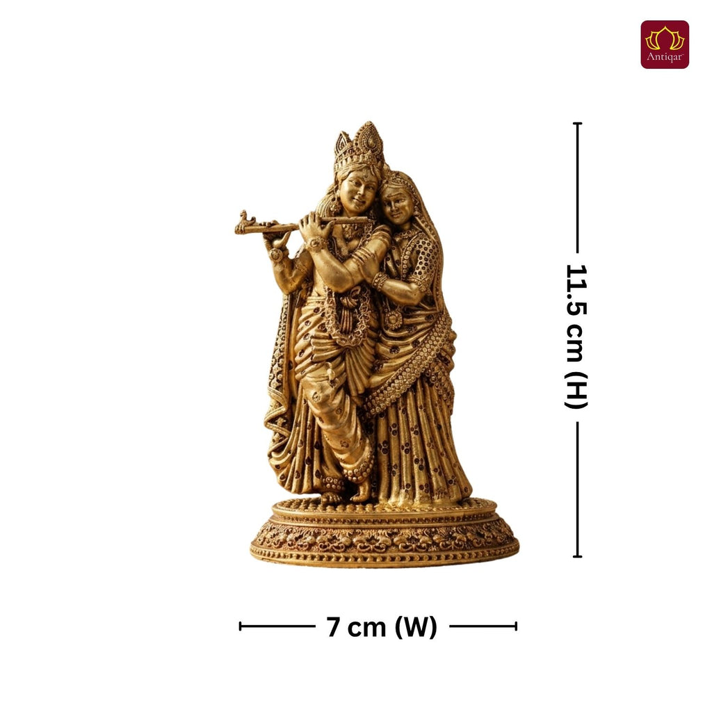 Brass Designer Radhakrishna Idol - 11.5cm | Antique Golden Finish | Spiritual Idol for Temple & Home Decor