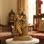 Brass Designer Radhakrishna Idol - 9.5cm | Antique Golden Finish | Spiritual Idol for Temple & Home Decor