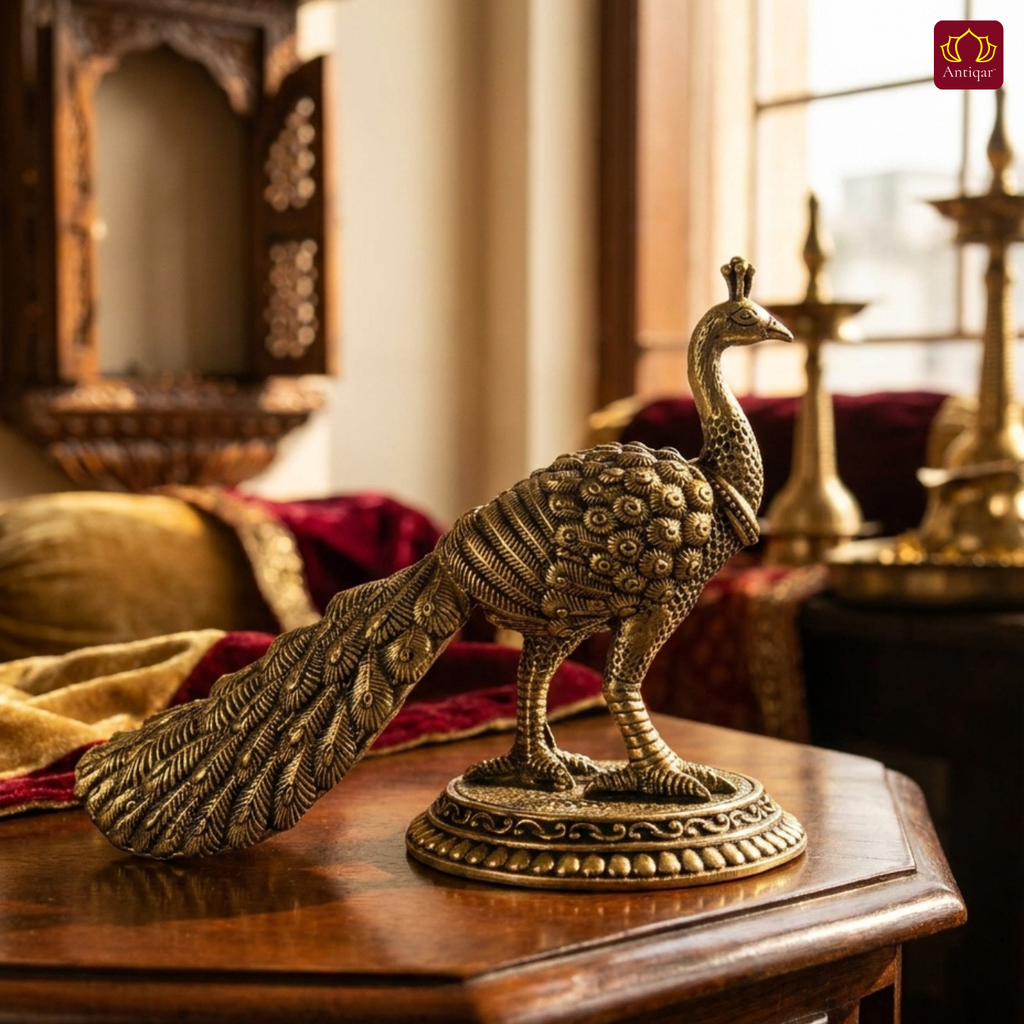 Brass Peacock Showpiece – 8 cm | Antique Finish | Handcrafted Decor for Temple, Table & Home